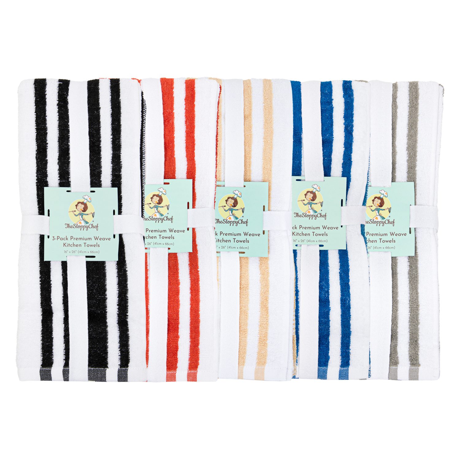 The Sloppy Chef Kitchen Towel Assortment, Solid Colors, Stripes and Patterns, Cotton, 15x26 in., Buy A Bulk Case of 144, Size: Large