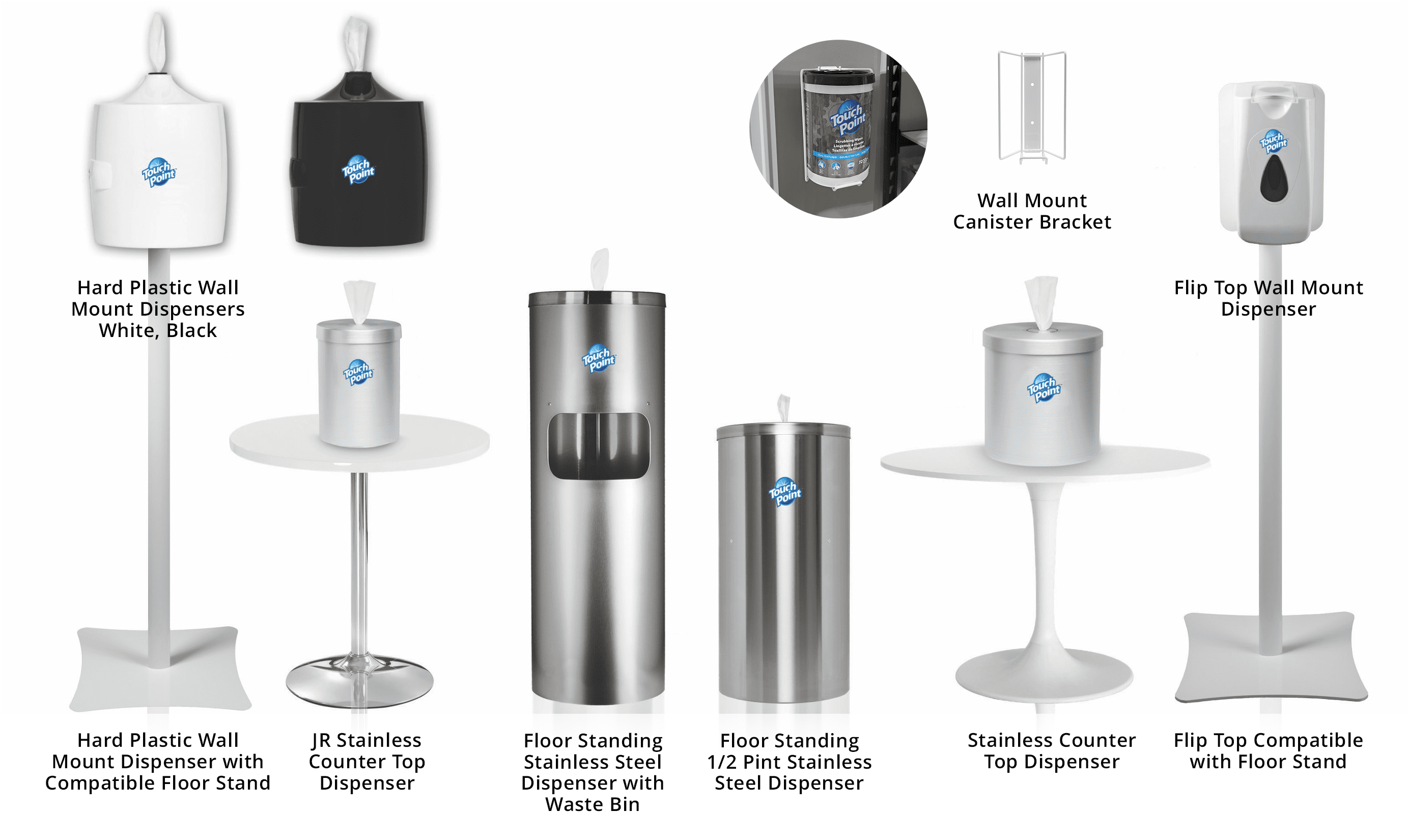 A compilation image of eight disposable wipes dispensers