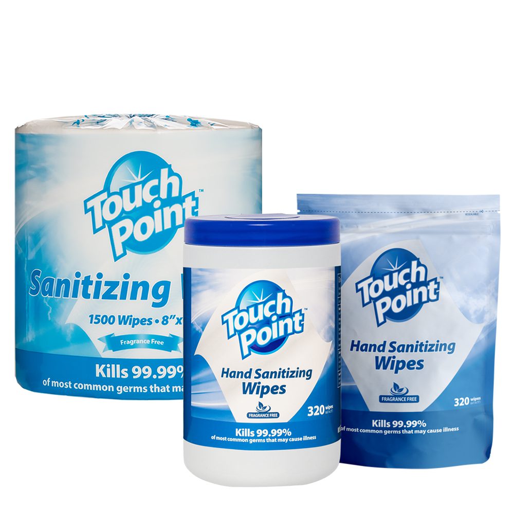 Touch Point Sanitizing Wipes in three different packages